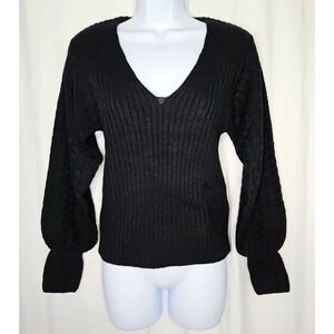Lush Women's Black Ribbed V-Neck Knit Sweater w/ Balloon Sleeves Size Small NWOT